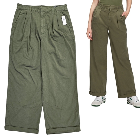 GAP NWT High Rise Pleated Wide-Leg Khakis Army Jacket Green Garment Dyed Pants - Picture 1 of 9